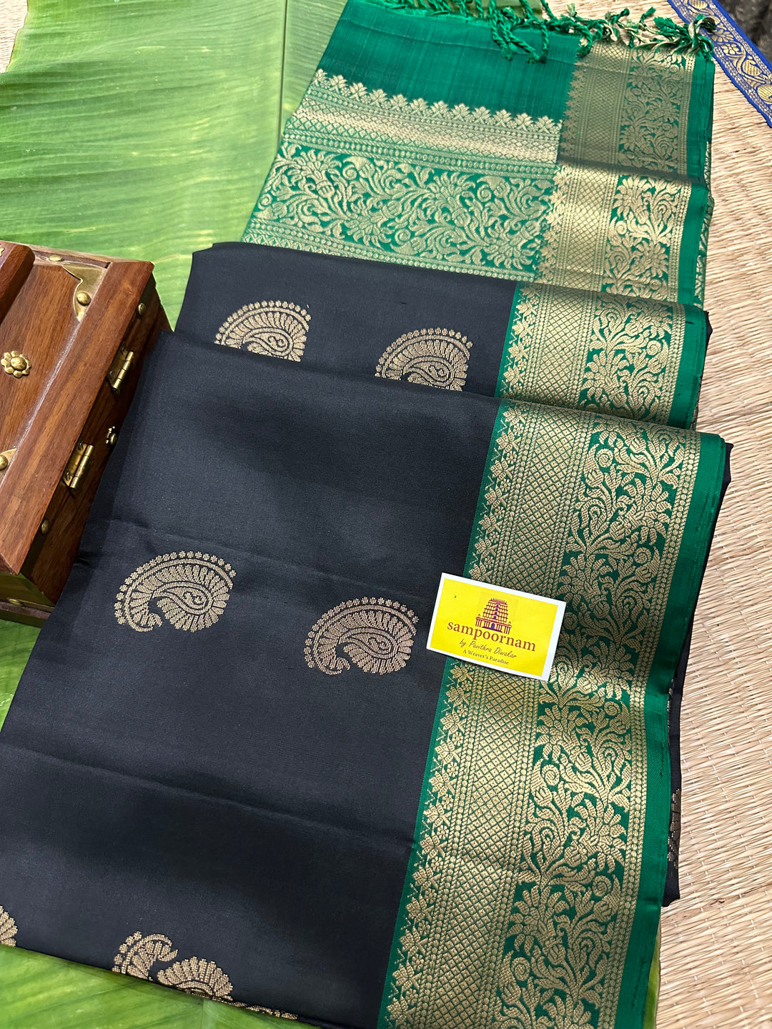 Black with Green, Rich Mango Butta in Body, Rich Border and Pallu Pure Soft Silk Saree