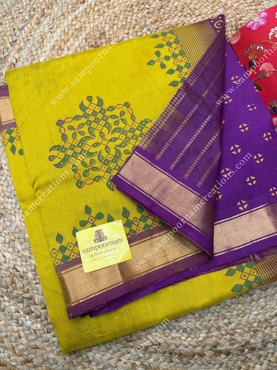 Lemon Yellow with Magenta , Kolam Handblock Printed  Silk Cotton Saree