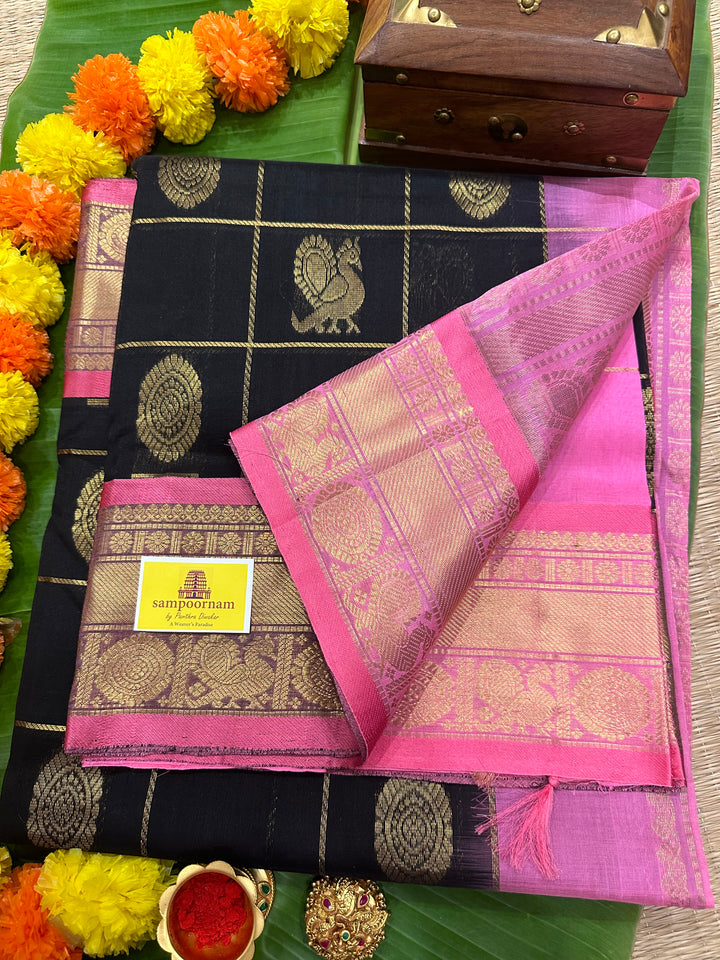 Black with Baby Pink Mayil Chakram Silk Cotton Saree