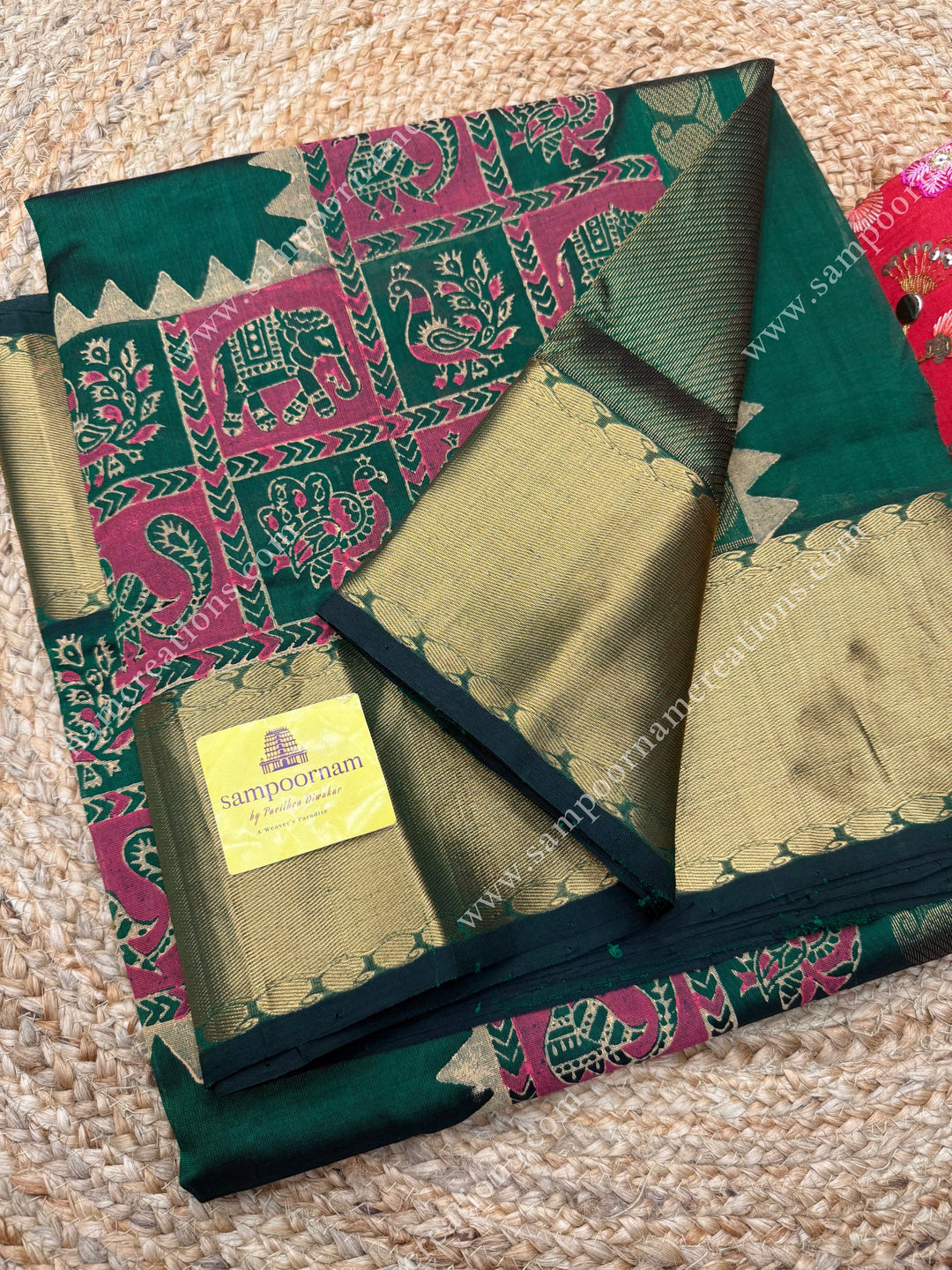 Green  , Annam and Elephant Handblock Print and Tissue borders , Rich Pallu Handblock Printed Silk Cotton Saree