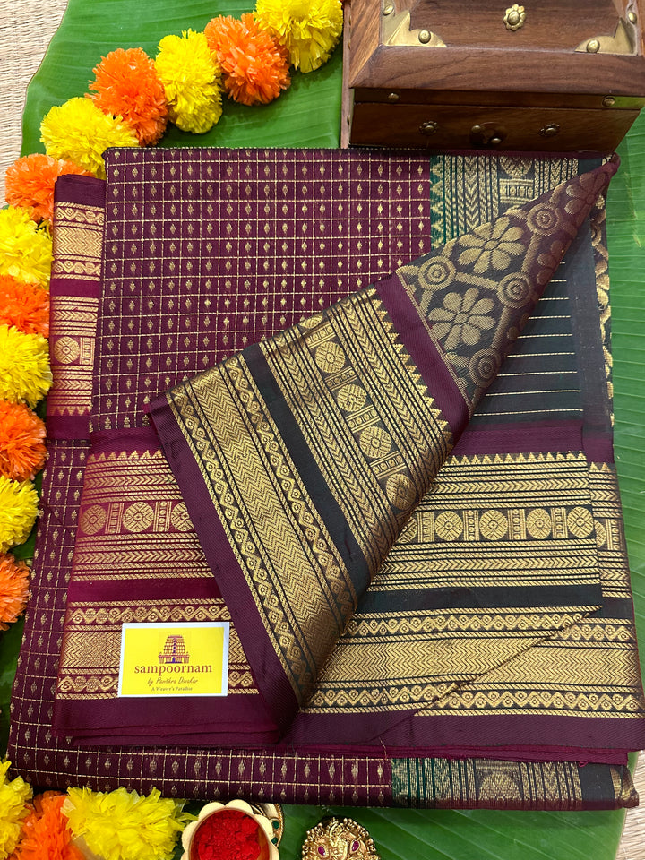 Maroon with Manthulir Green Zari Lakshadeepam Silk Cotton Saree