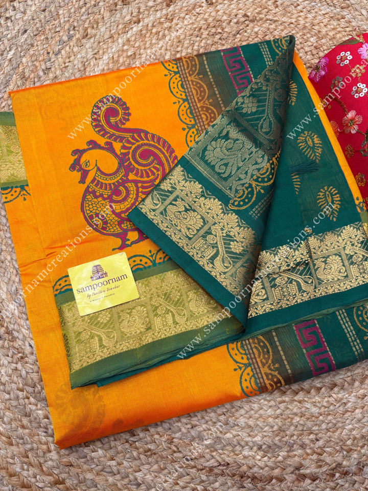 Mambazha Manjal with Green , Annam Print in the body  and Rich Pallu Handblock Printed Silk Cotton Saree