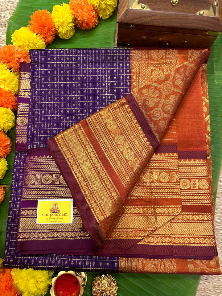 Purple with Rust Orange Zari Lakshadeepam Silk Cotton Saree