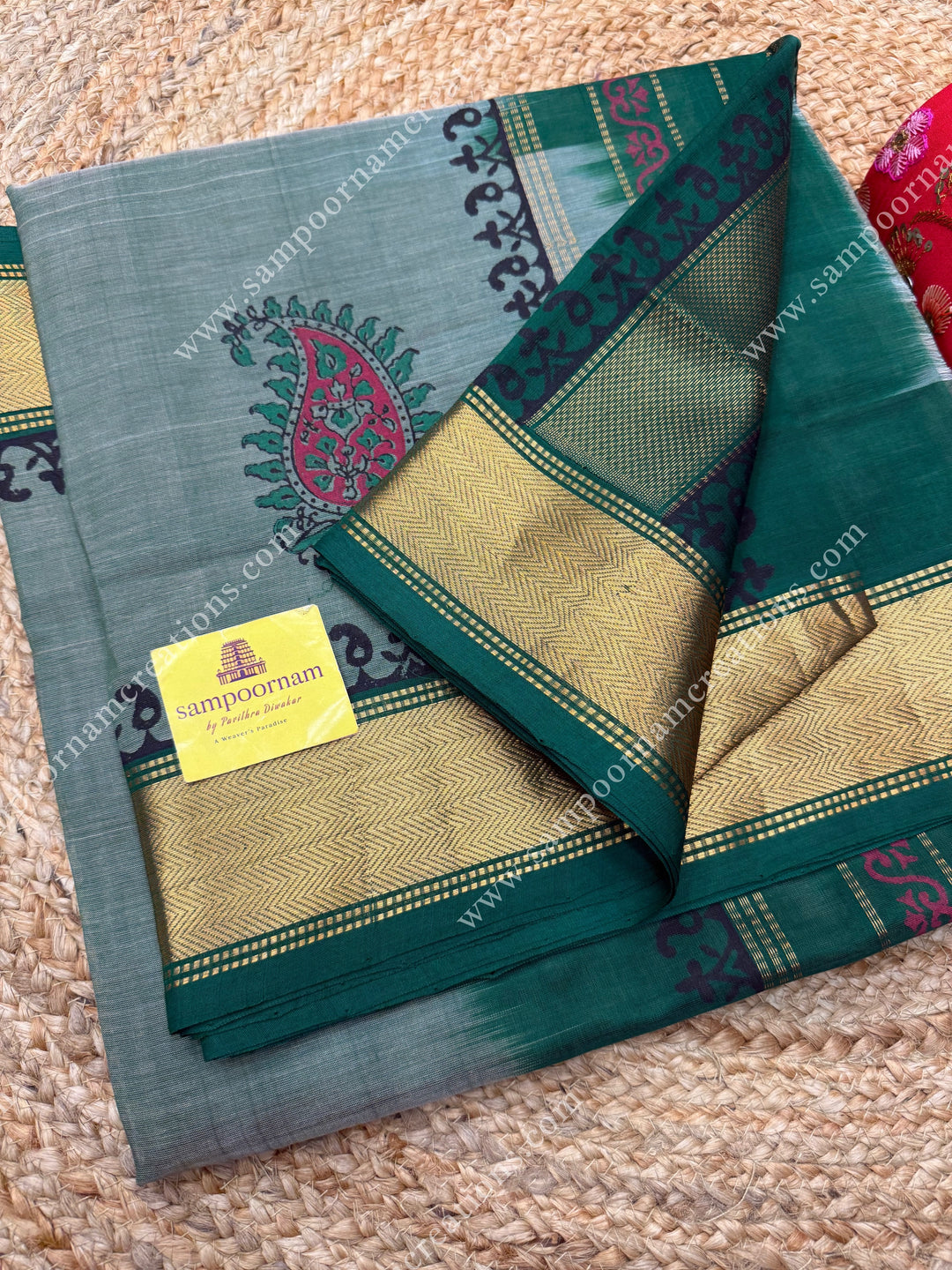 Sage Green with Dark Green  , Mango motif in the body  and Rich Pallu Handblock Printed Silk Cotton Saree