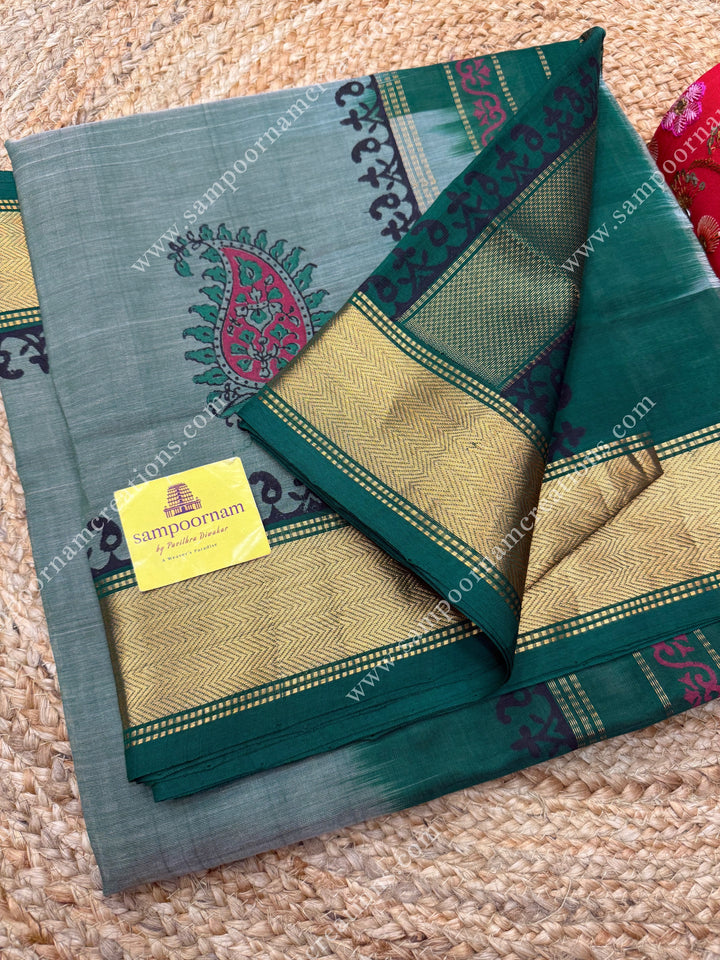 Sage Green with Dark Green  , Mango motif in the body  and Rich Pallu Handblock Printed Silk Cotton Saree