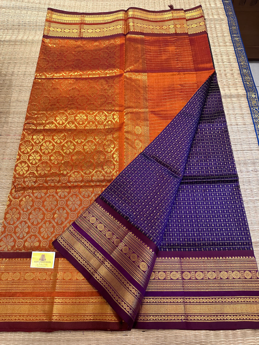 Purple with Rust Orange Zari Lakshadeepam Silk Cotton Saree