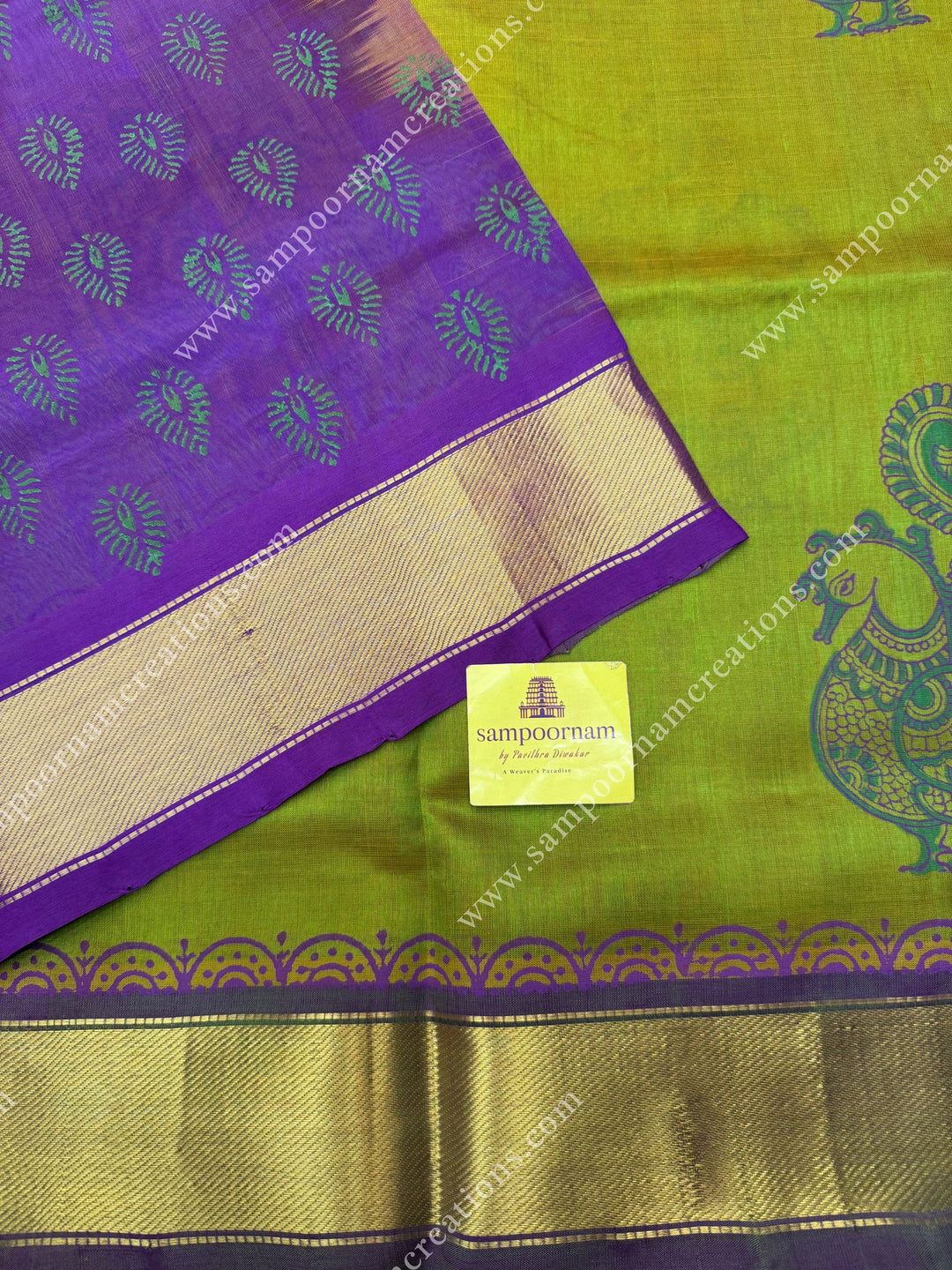 Manthulir Green with Magenta , Annam Print in the body  and Rich Pallu Handblock Printed Silk Cotton Saree
