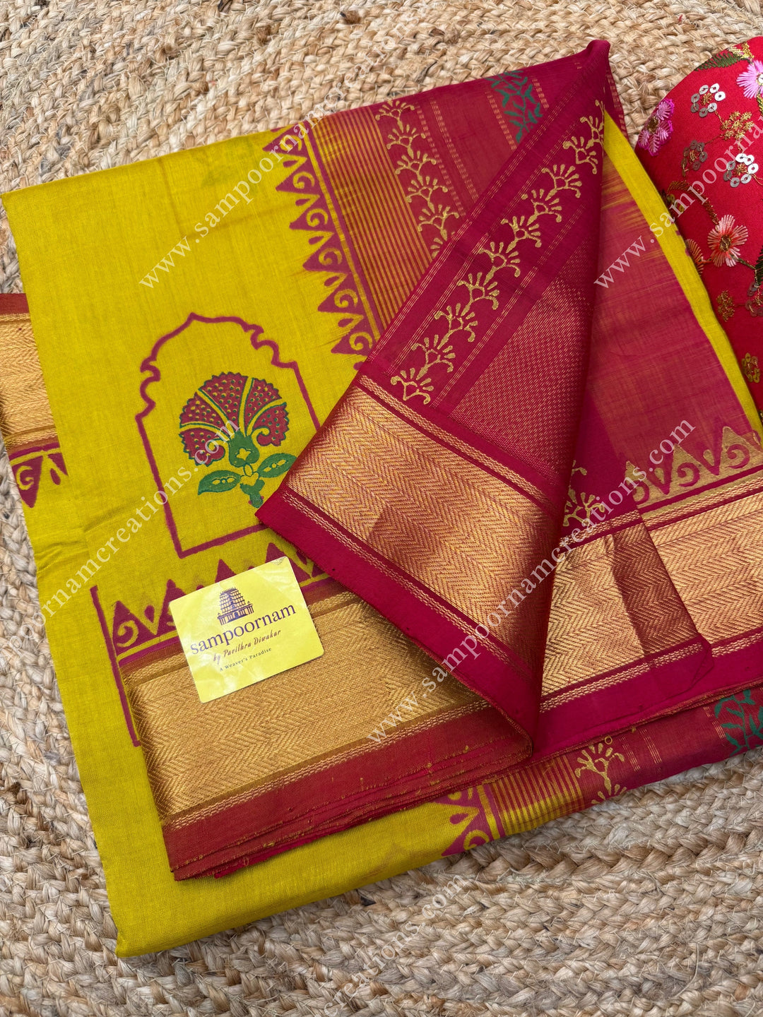 Mustard with Red , Floral Print in the body  and Rich Pallu Handblock Printed Silk Cotton Saree