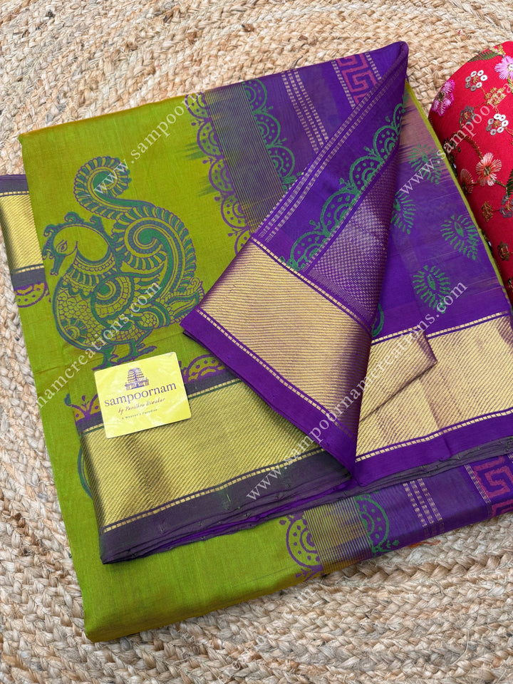 Manthulir Green with Magenta , Annam Print in the body  and Rich Pallu Handblock Printed Silk Cotton Saree