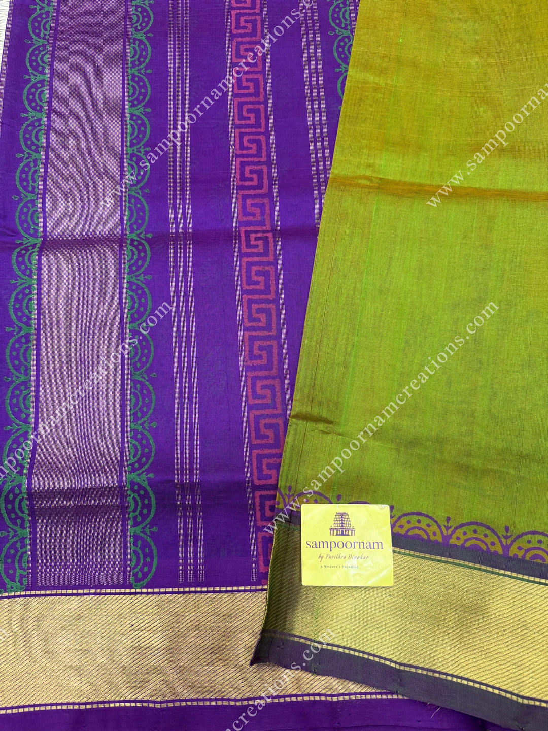 Manthulir Green with Magenta , Annam Print in the body  and Rich Pallu Handblock Printed Silk Cotton Saree