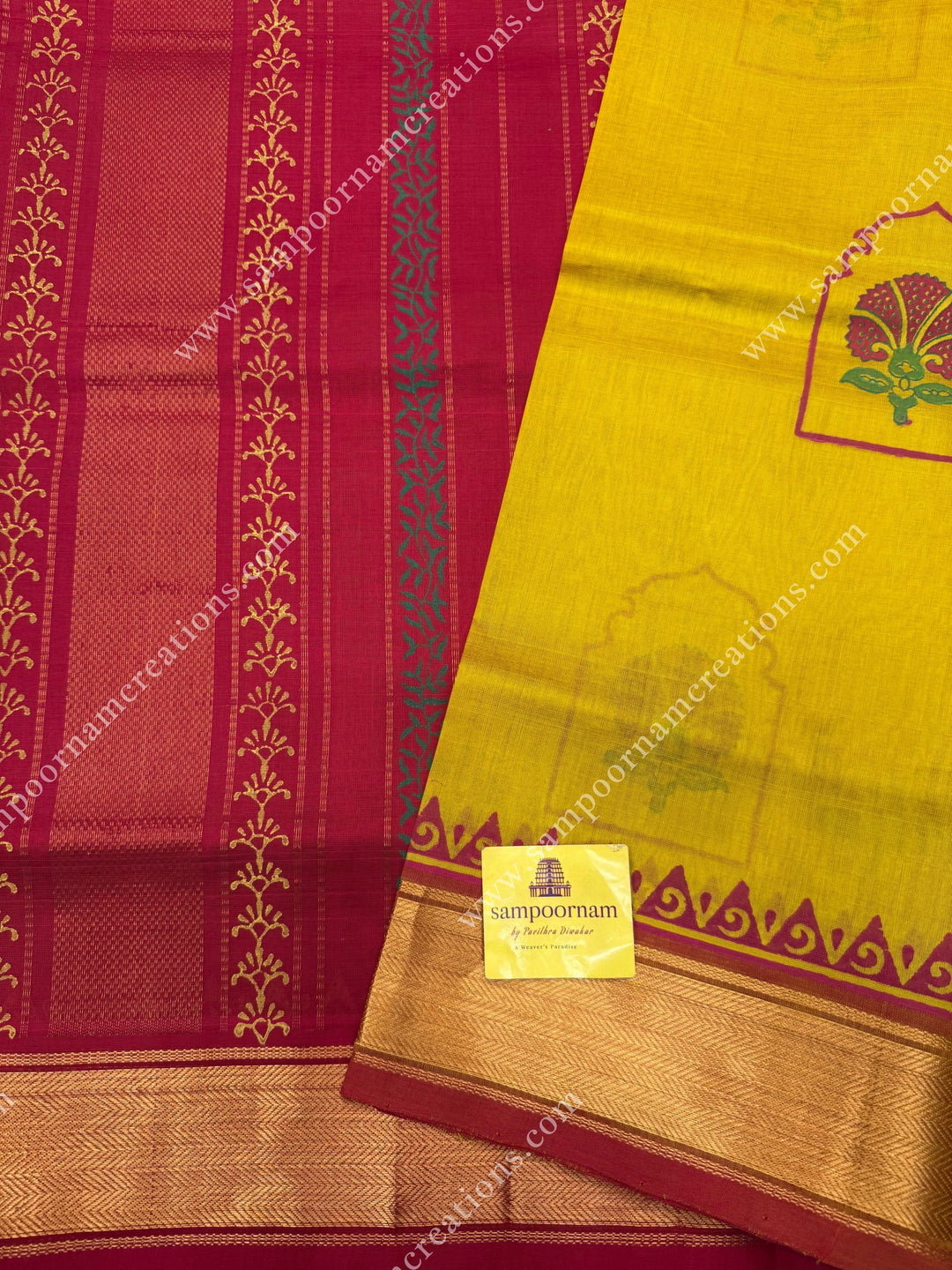 Mustard with Red , Floral Print in the body  and Rich Pallu Handblock Printed Silk Cotton Saree