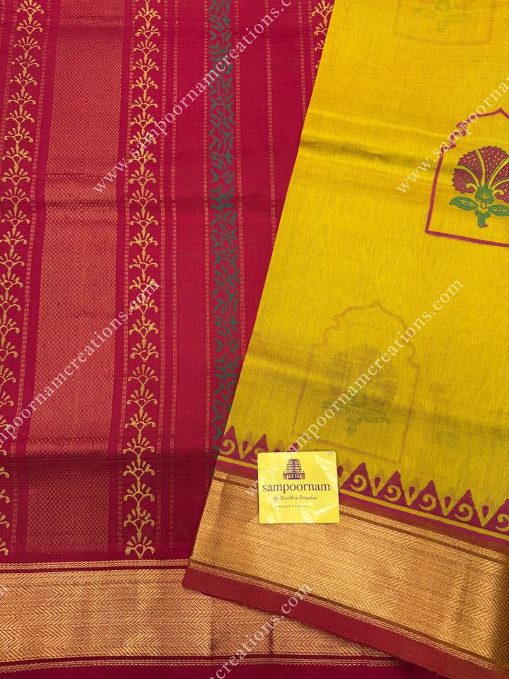 Mustard with Red , Floral Print in the body  and Rich Pallu Handblock Printed Silk Cotton Saree