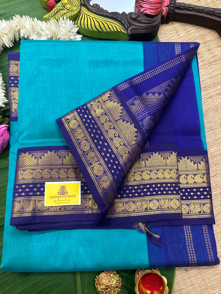 Ramar Blue with Dark Blue, Rettapet Border, Rich Pallu Korvai Silk Cotton Saree