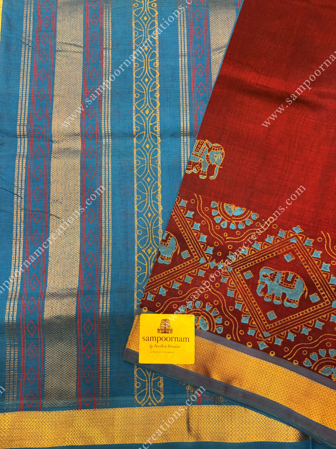 Maroon with Blue, Elephant border and Tiny Elephant in the body ,  Rich Pallu Handblock Printed Silk Cotton Saree