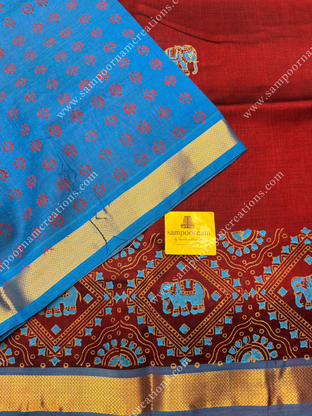 Maroon with Blue, Elephant border and Tiny Elephant in the body ,  Rich Pallu Handblock Printed Silk Cotton Saree