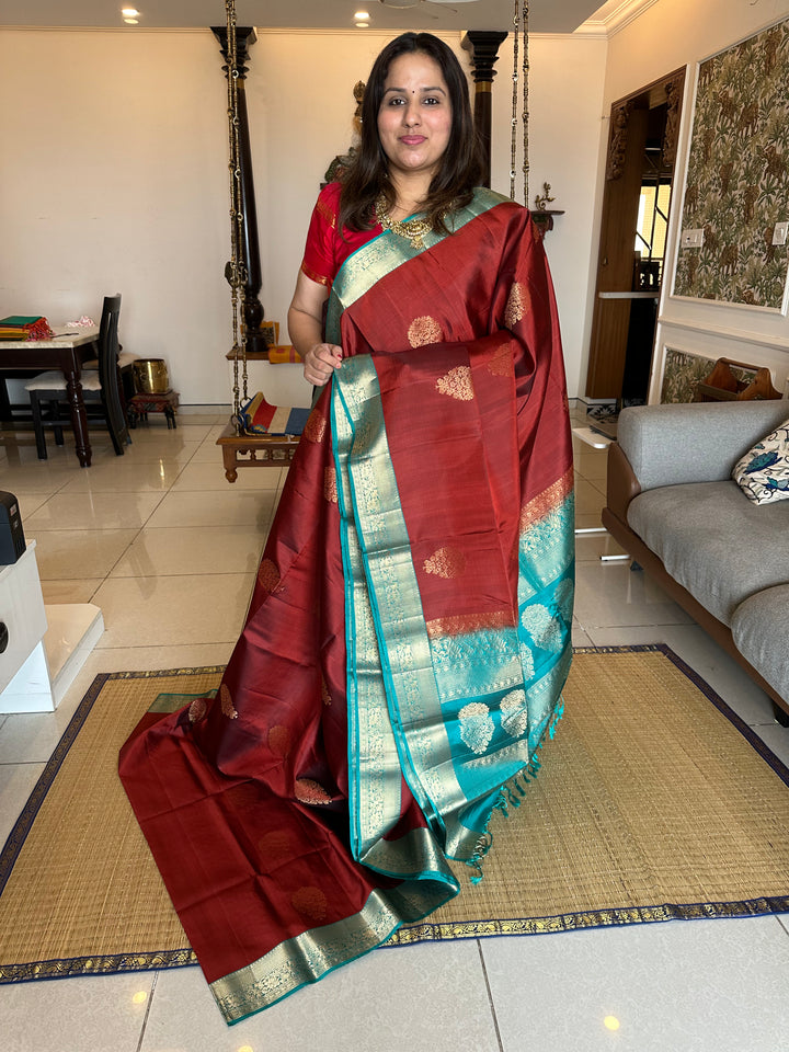 Brown with Blue Zari Butta , Rich Border and Pallu Pure Soft Silk Saree