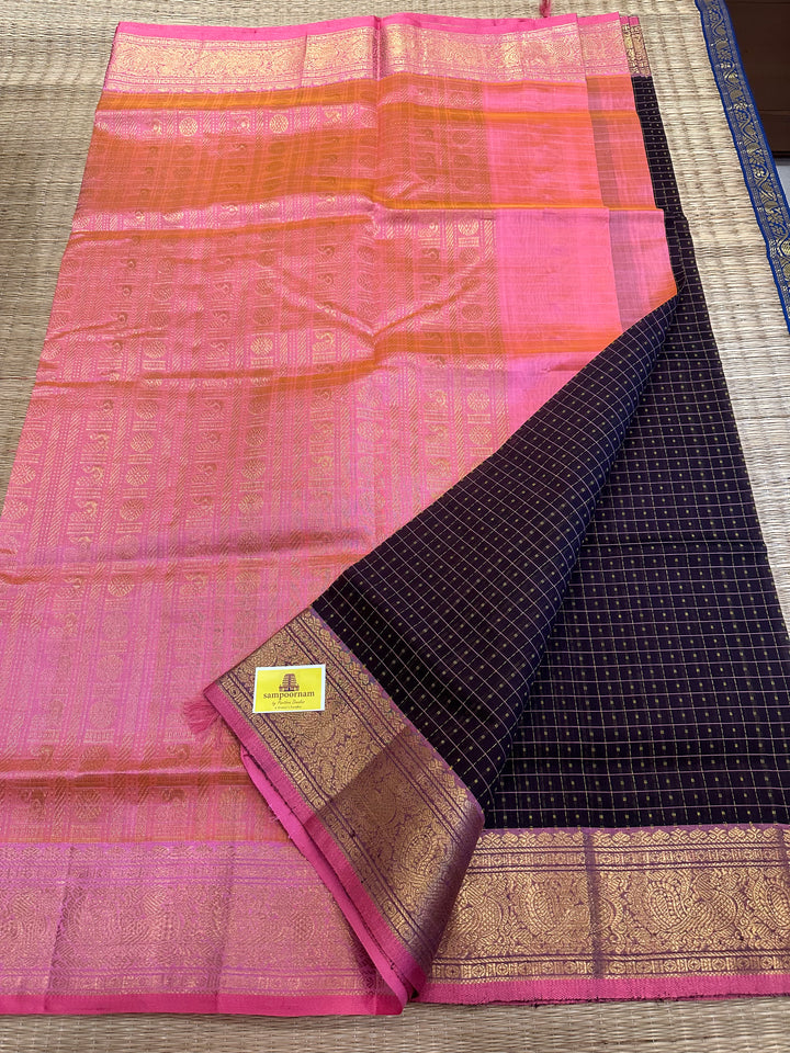 Brown with Peachish Pink Lakshadeepam Silk Cotton Saree