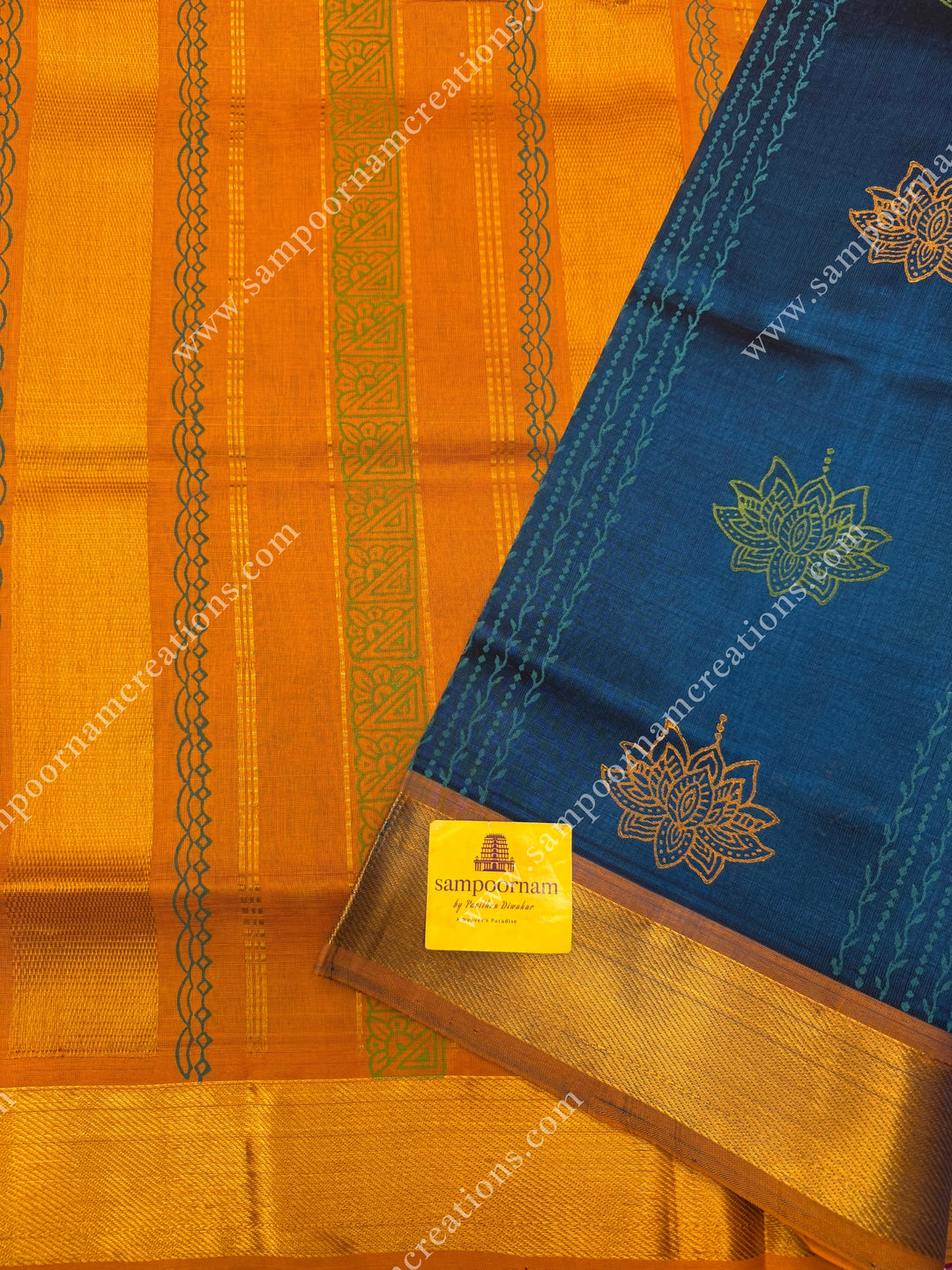 Mayilkazhuthu with Pink , Lotus motif in the body and  Rich Pallu Handblock Printed Silk Cotton Saree