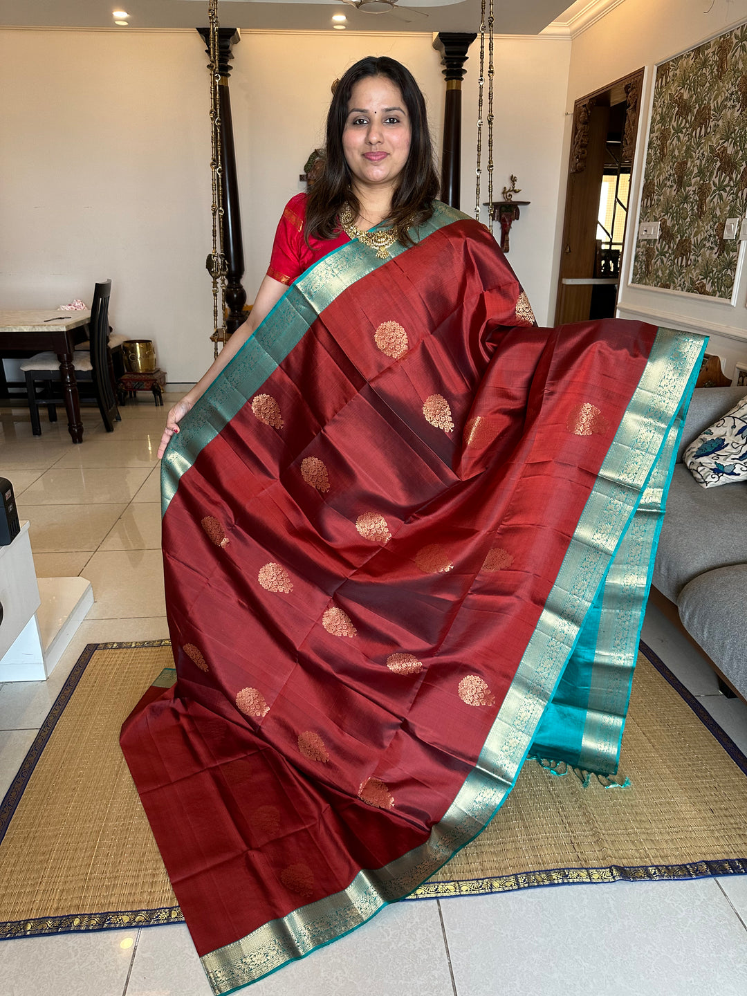 Brown with Blue Zari Butta , Rich Border and Pallu Pure Soft Silk Saree