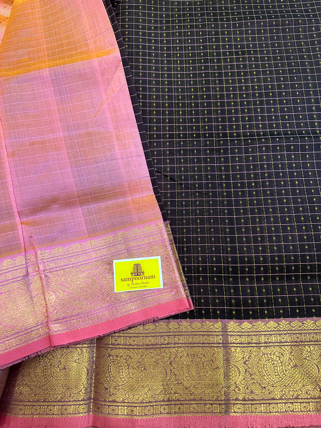 Brown with Peachish Pink Lakshadeepam Silk Cotton Saree