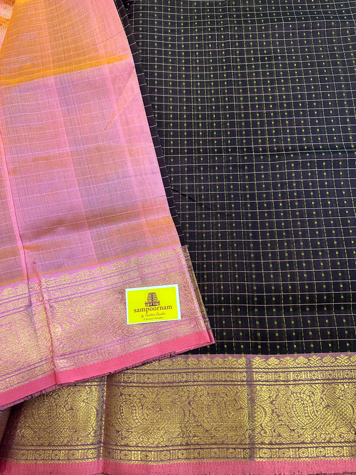 Brown with Peachish Pink Lakshadeepam Silk Cotton Saree