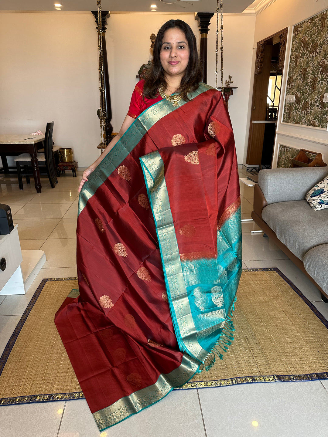 Brown with Blue Zari Butta , Rich Border and Pallu Pure Soft Silk Saree