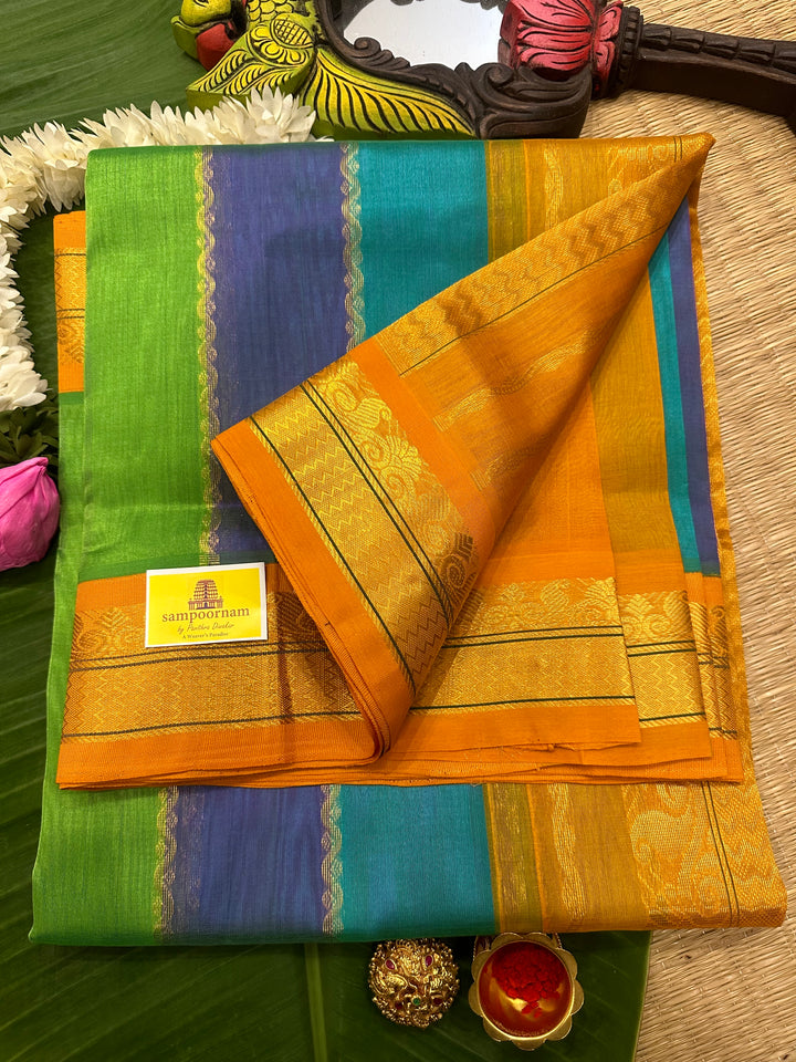 A fusion of Colours Turquoise Blue, Purple and Green with Fenugreek Colour ,Rich= Border and Pallu Korvai Silk Cotton Saree