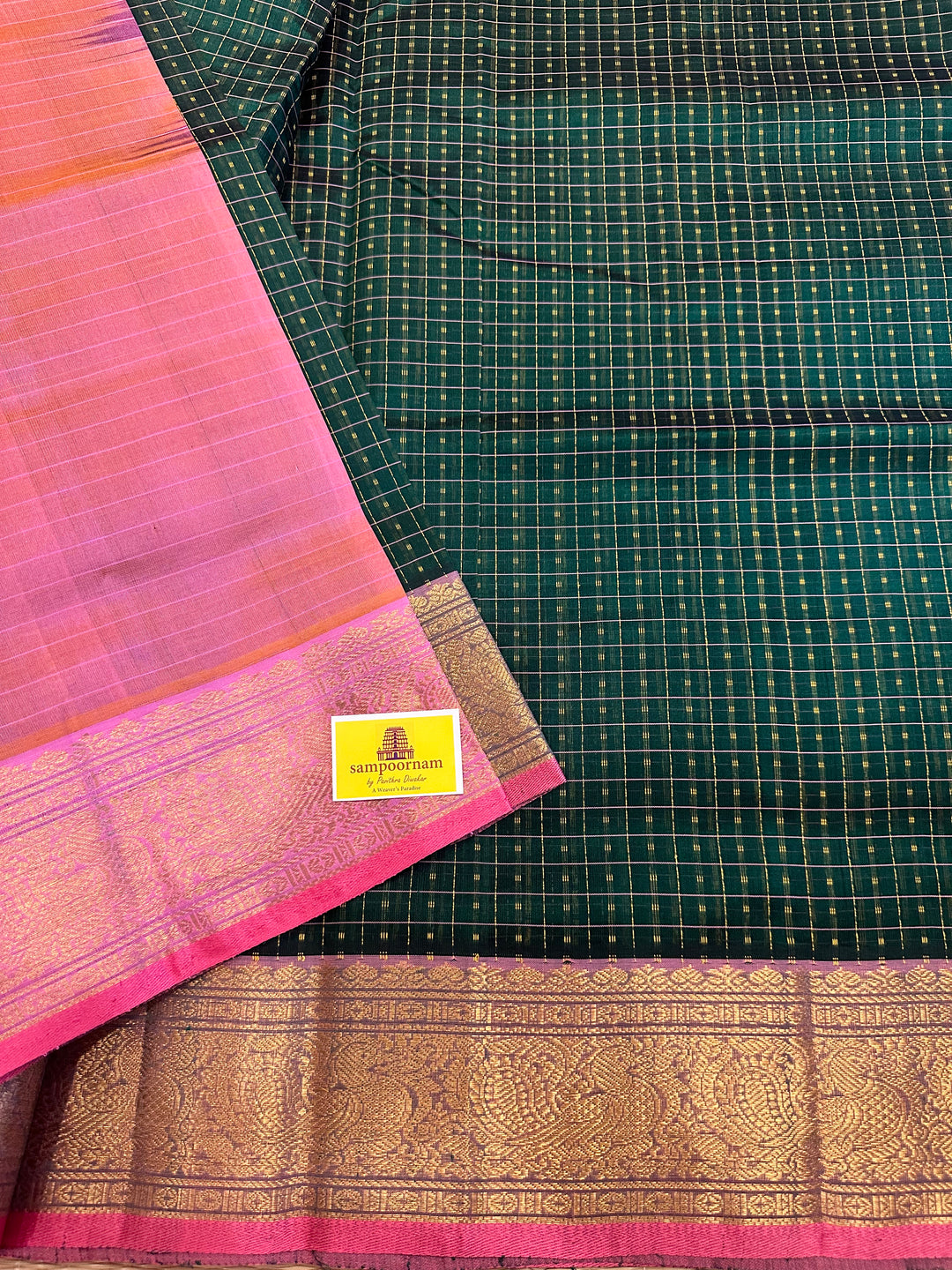 Green with Baby Pink Lakshadeepam Silk Cotton Saree