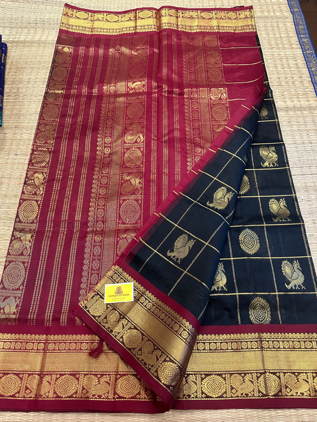 Black with Red Mayil Chakram Silk Cotton Saree