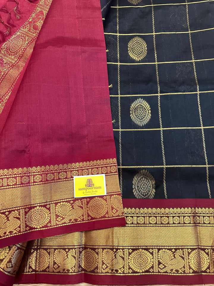 Black with Red Mayil Chakram Silk Cotton Saree