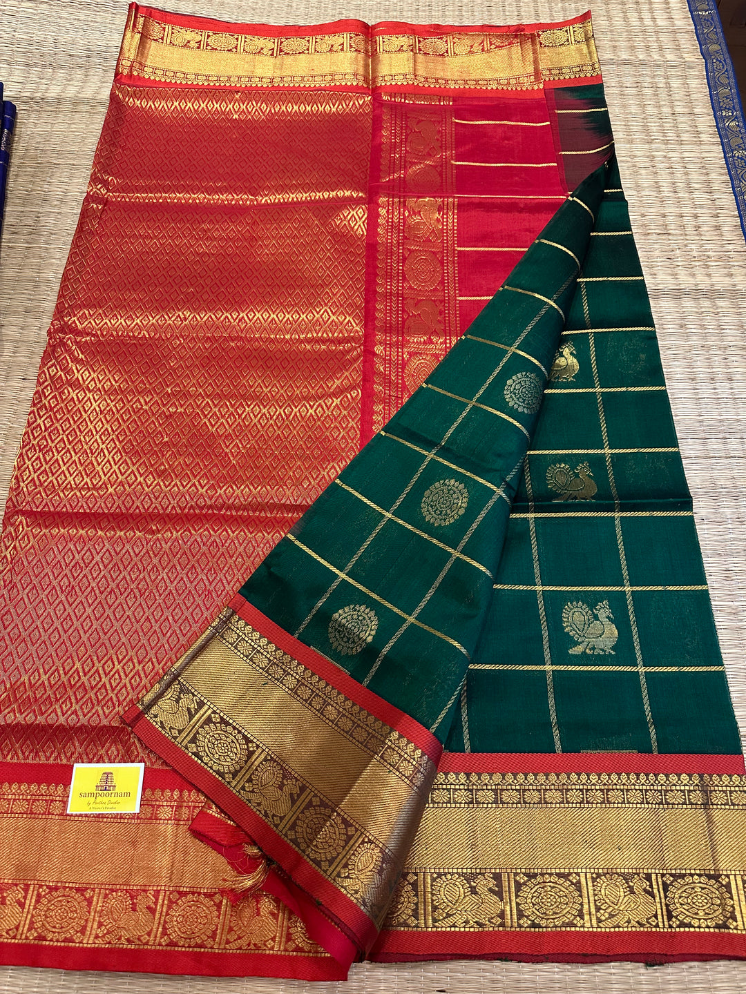 Green with Red Mayil Chakram Silk Cotton Saree