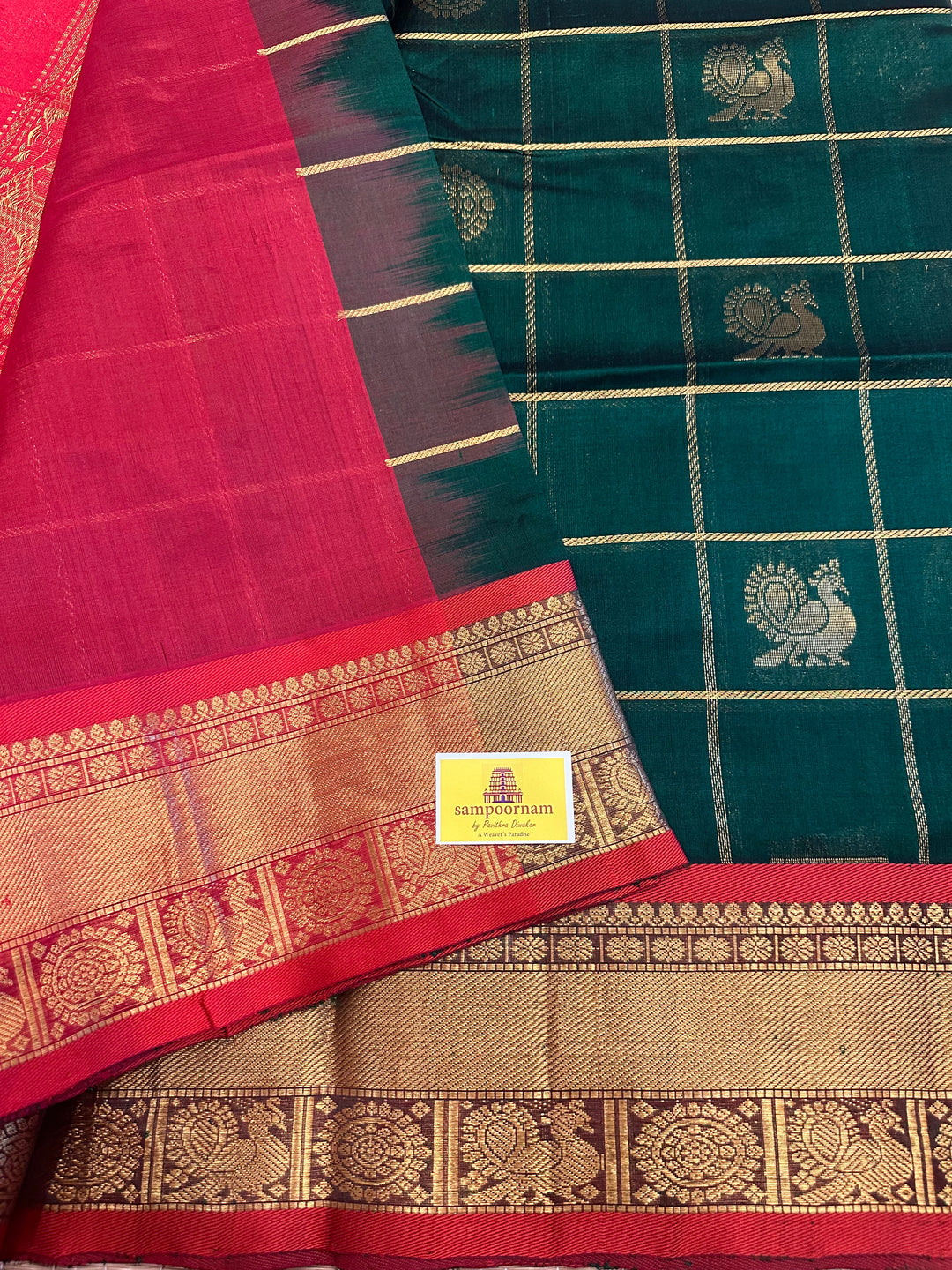 Green with Red Mayil Chakram Silk Cotton Saree