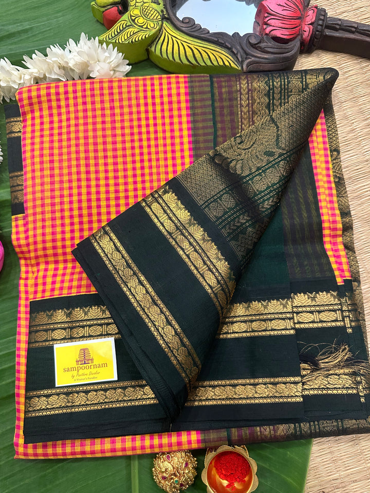 Pink and Manjal Podi Kattam with Dark Green Rettapet Border and RIch Pallu Korvai Silk Cotton Saree