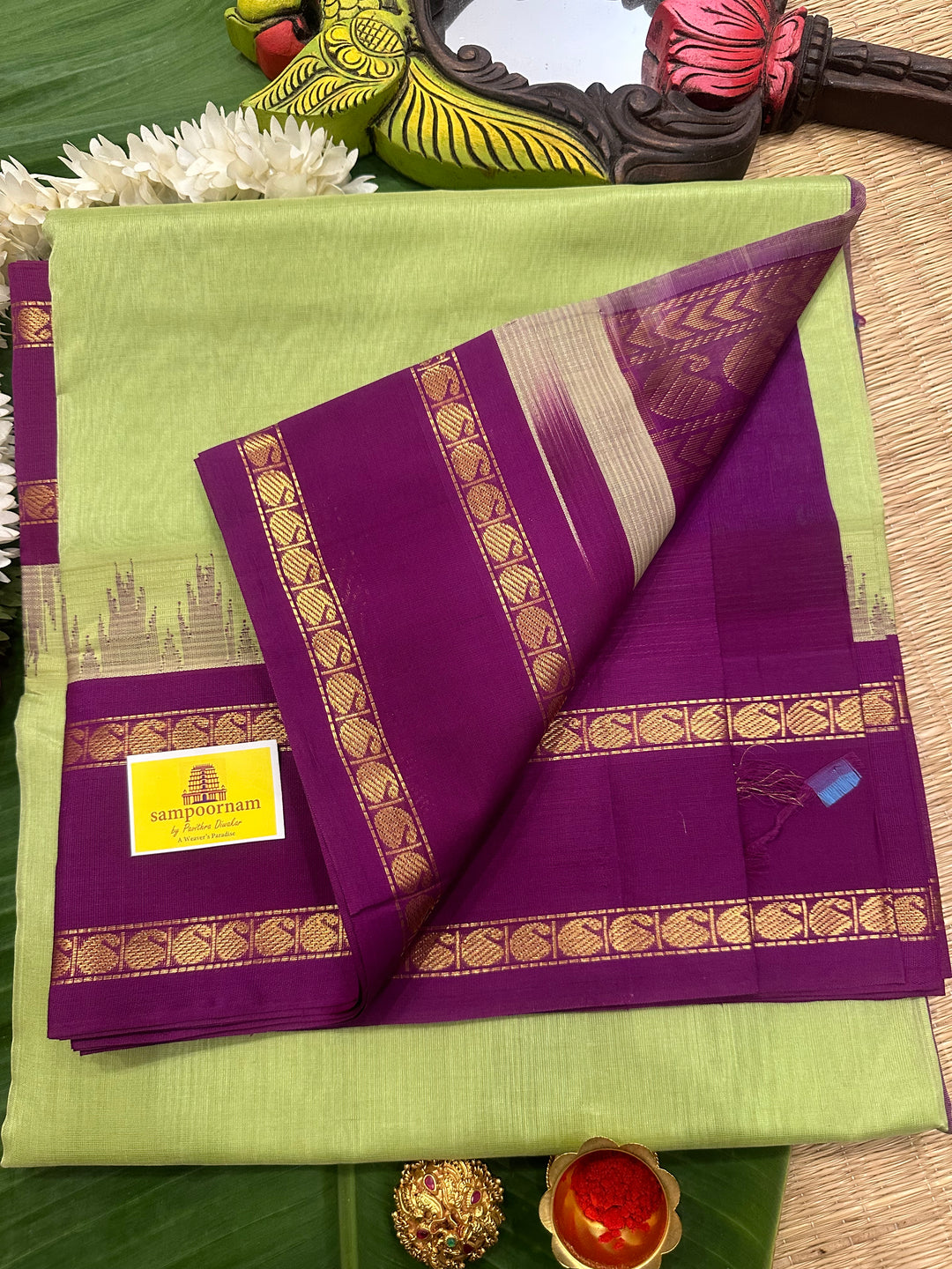 Pista Green with Purple, Rettapet Temple Border and Rich Pallu Korvai Silk Cotton Saree