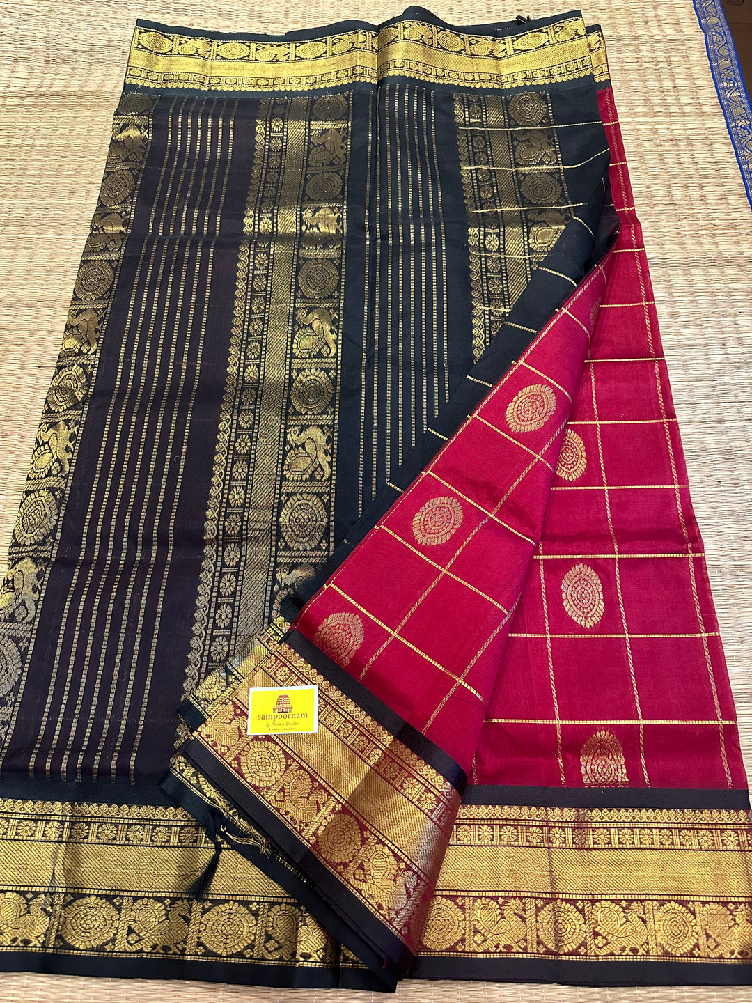 Maroon with Black Mayil Chakram Silk Cotton Saree