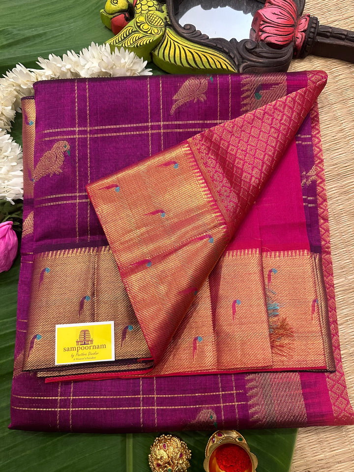 Purple with Dark Pink , Paithani Border , Parrot Motifs And Zari Checks in the Body Rich Pallu Pure Silk Cotton Saree
