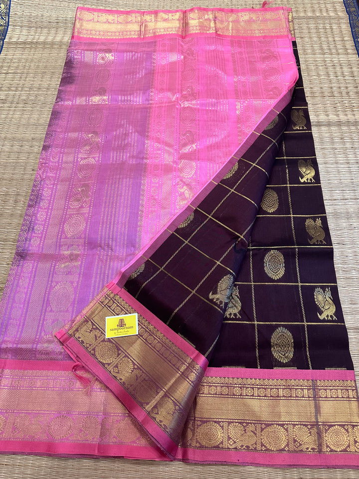 Brown with Baby Pink Mayil Chakram Silk Cotton Saree