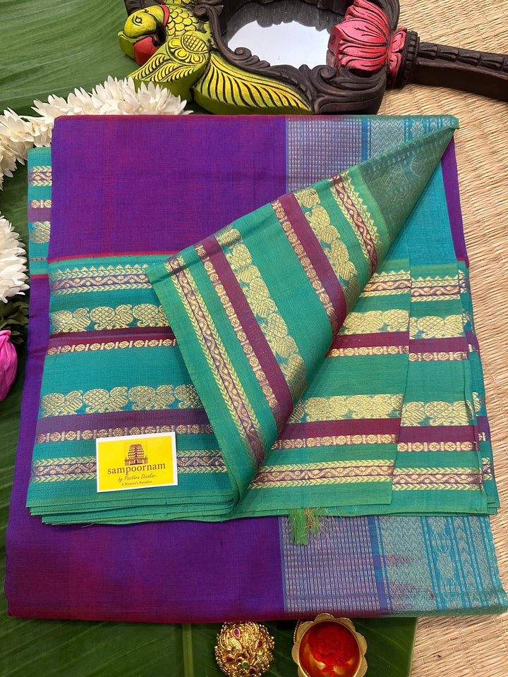 Purple with Turquoise Blue, One Side Big Border, Rich Pallu  Pure Korvai Silk Cotton Saree