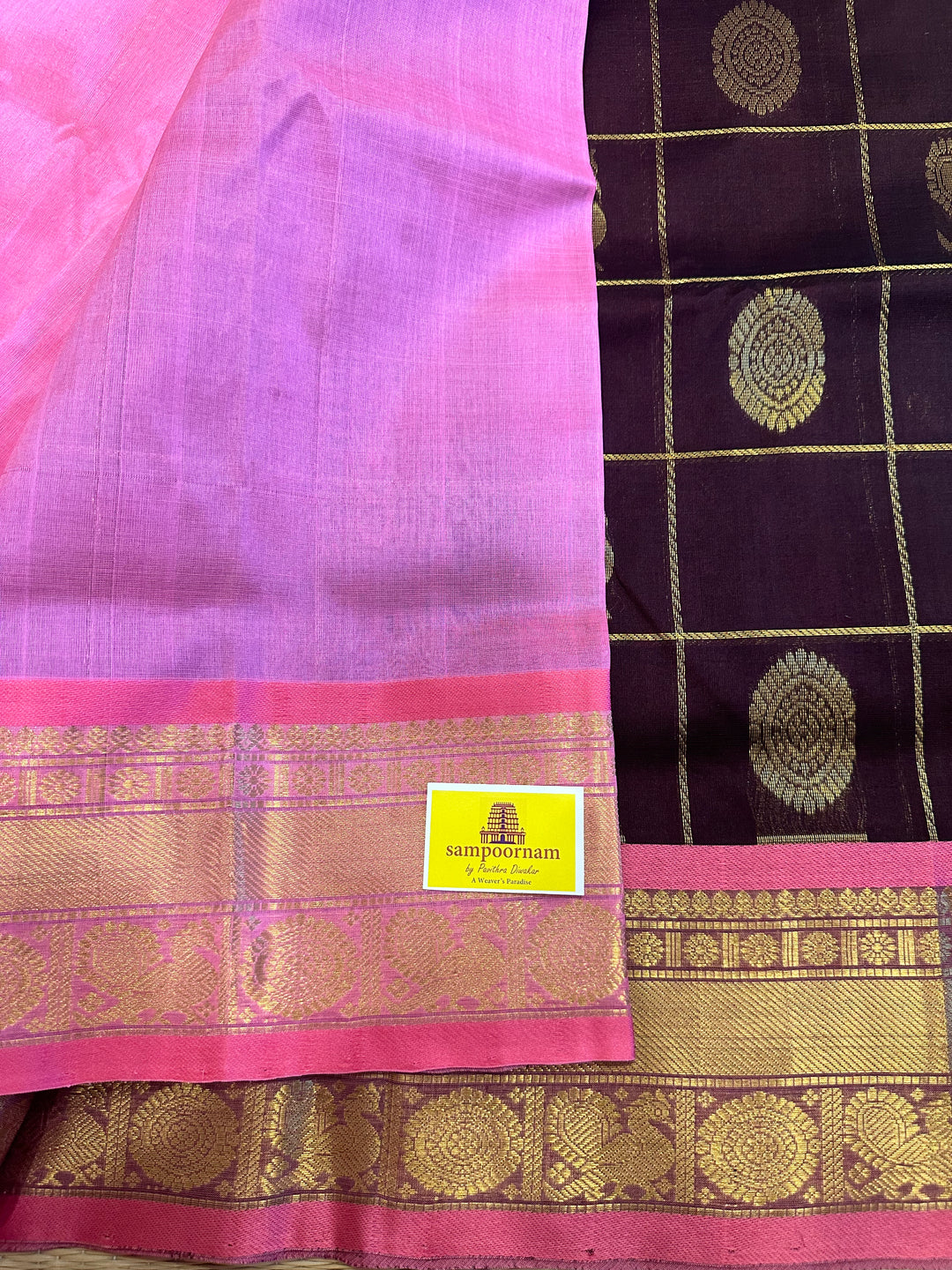 Brown with Baby Pink Mayil Chakram Silk Cotton Saree