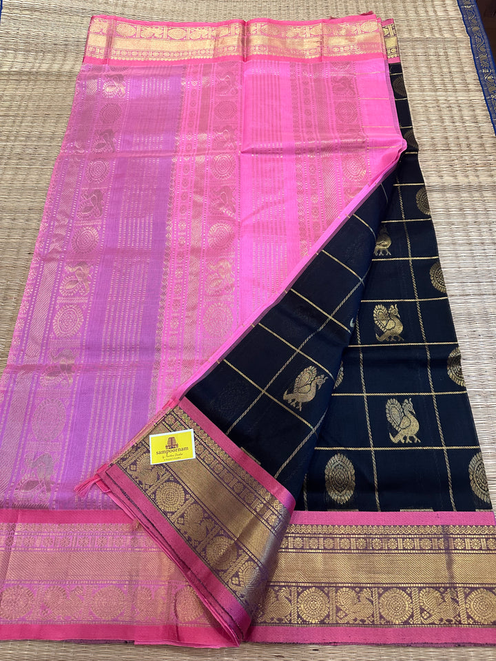 Black with Baby Pink Mayil Chakram Silk Cotton Saree