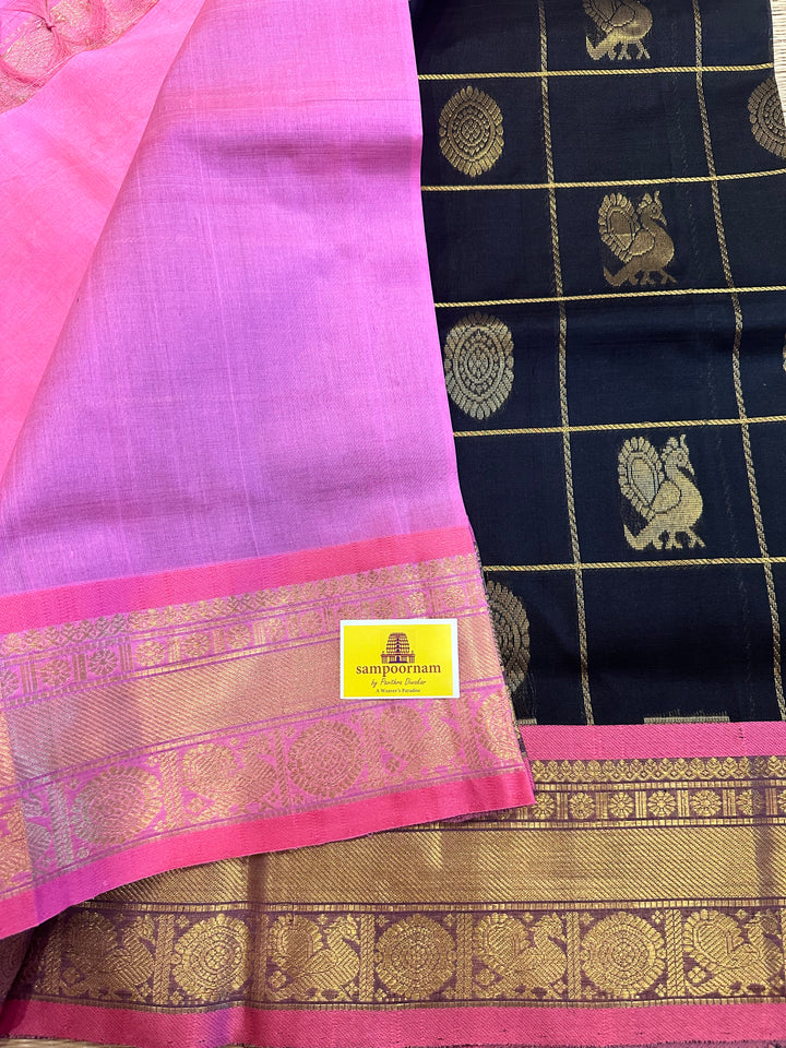 Black with Baby Pink Mayil Chakram Silk Cotton Saree