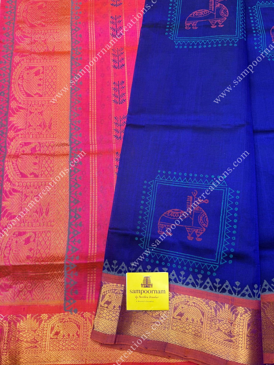 Dark Blue with Pink , Terracotta Print in the body  and Rich Pallu Handblock Printed Silk Cotton Saree