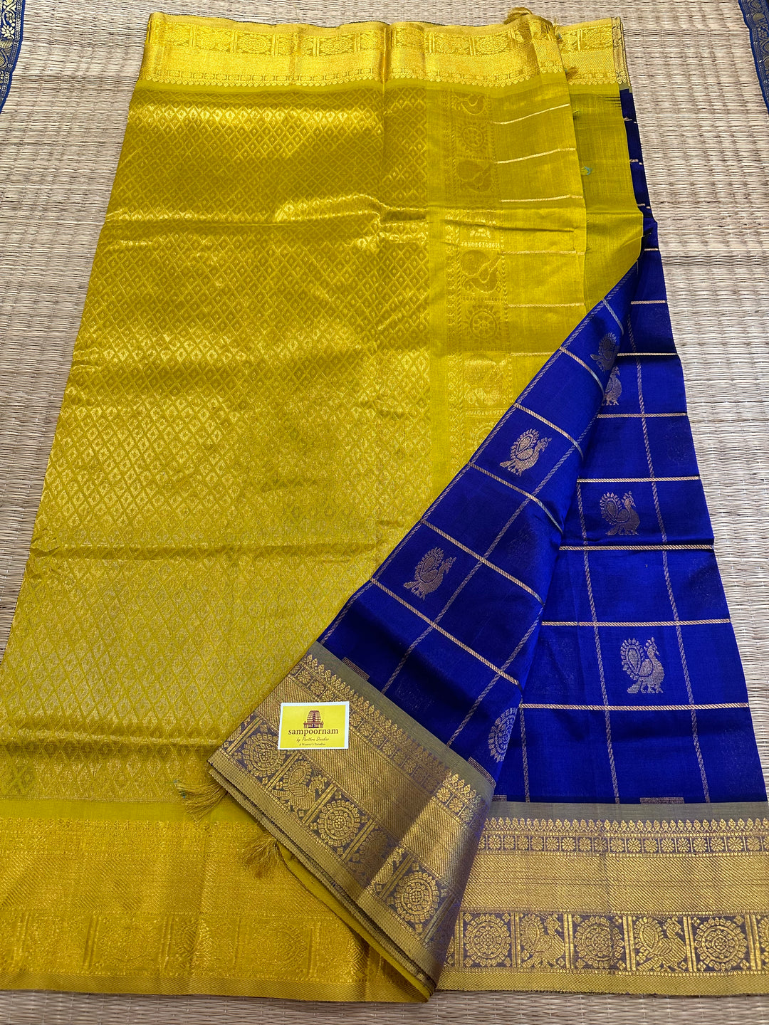 Indigo Blue with Lemon Yellow Mayil Chakram Silk Cotton Saree