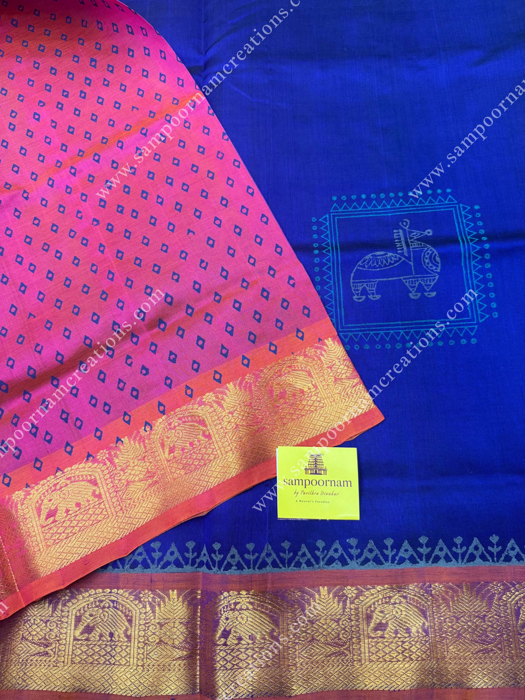 Dark Blue with Pink , Terracotta Print in the body  and Rich Pallu Handblock Printed Silk Cotton Saree