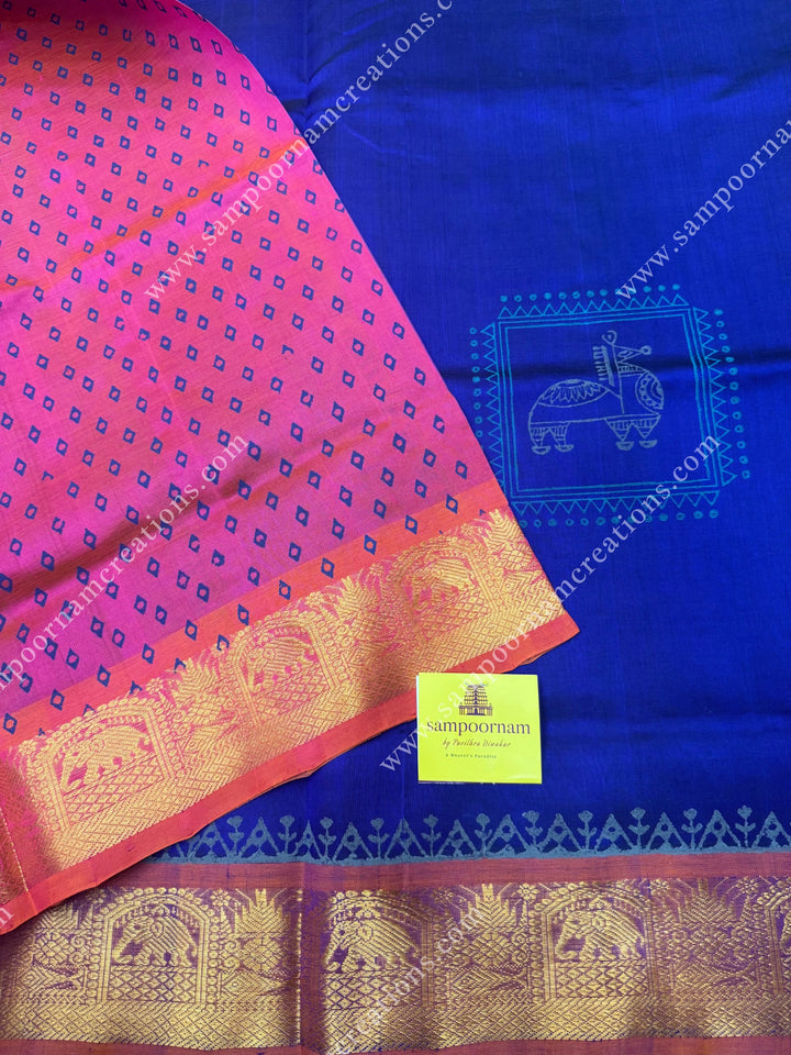 Dark Blue with Pink , Terracotta Print in the body  and Rich Pallu Handblock Printed Silk Cotton Saree