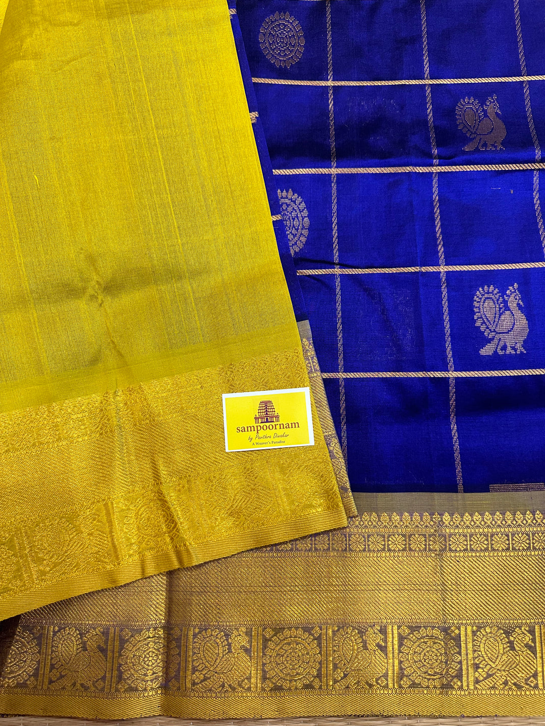 Indigo Blue with Lemon Yellow Mayil Chakram Silk Cotton Saree