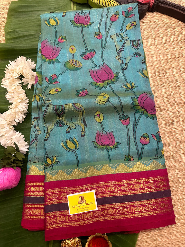 Ramar Blue with Pink  Pichwai Printed Korvai Silk Cotton Saree