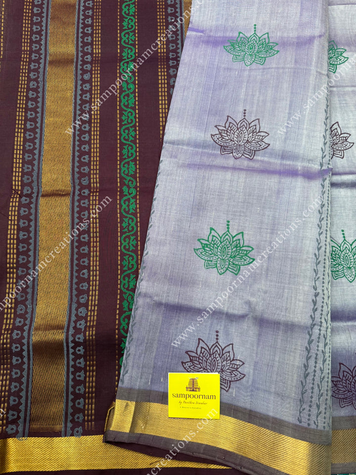 Mauve with Arakku, Lotus motif in the body and  Rich Pallu Handblock Printed Silk Cotton Saree