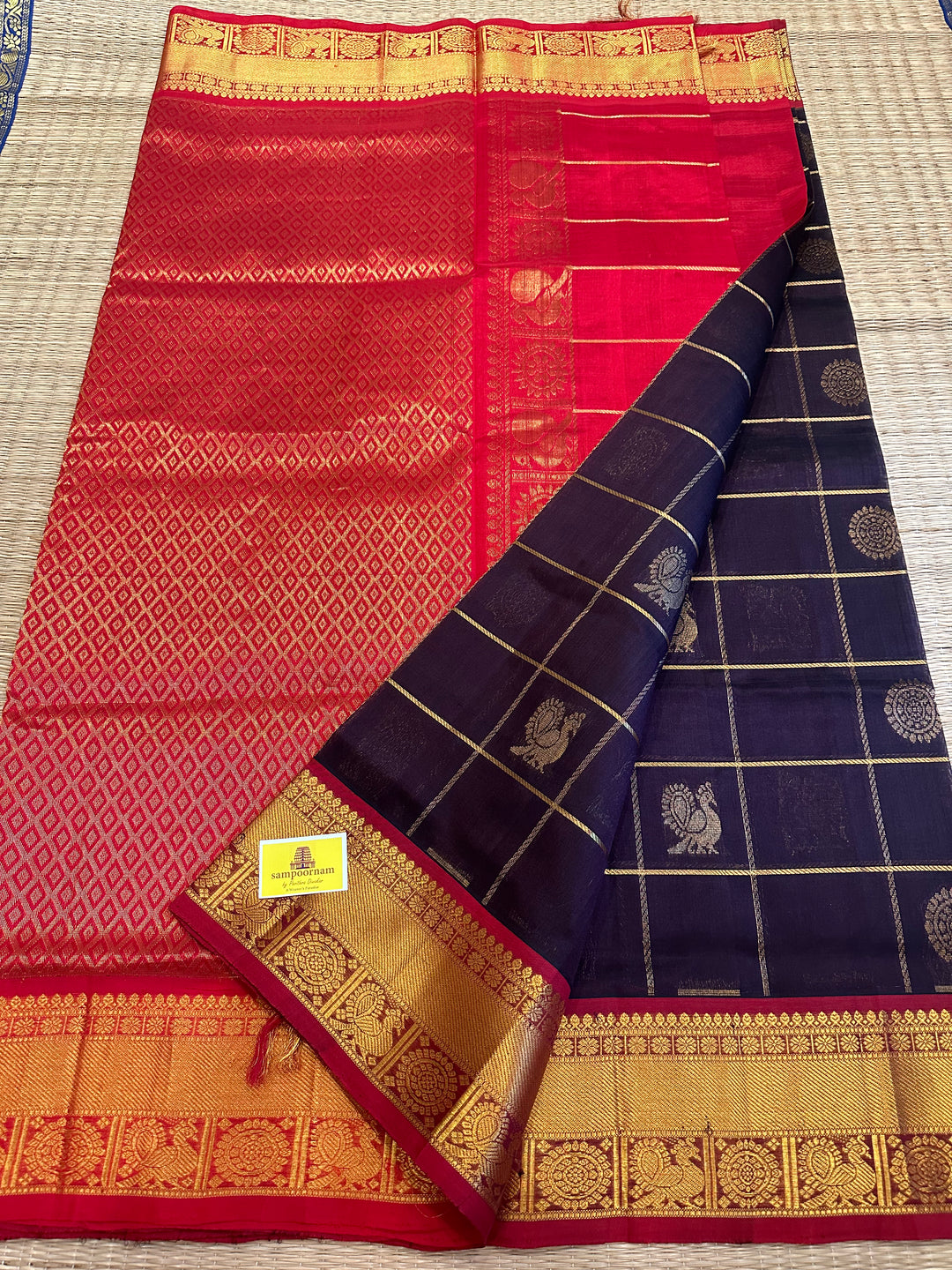 Brown with Red Mayil Chakram Silk Cotton Saree