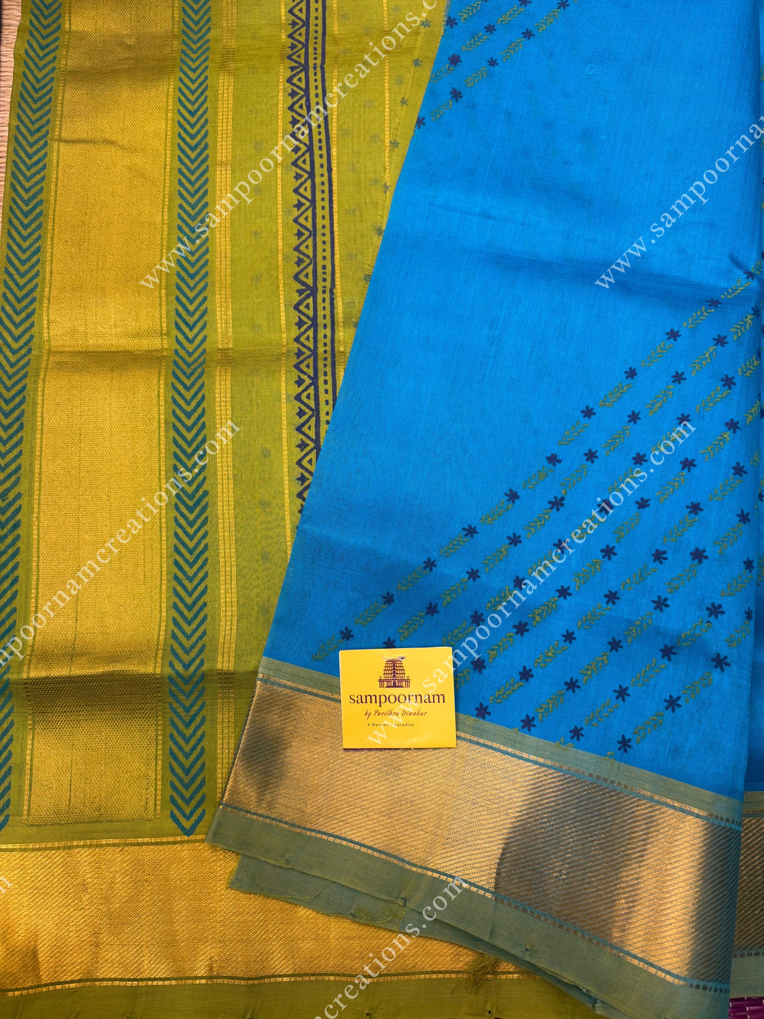 Blue with Sage Green , Kodi design Print in the body  and Rich Pallu Handblock Printed Silk Cotton Saree